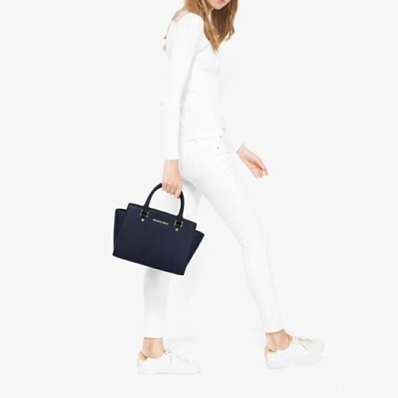 MICHAEL KORS SELMA Saffiano Leather Satchel Navy Blue NEW + Dust Bag - Picture 5 of 12